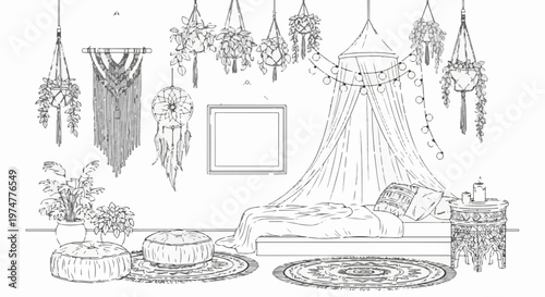 Cozy bohemian bedroom with plants, macrame, dreamcatchers, and fairy lights
