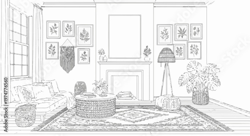 Cozy living room with sofa, fireplace, plants, and patterned rug