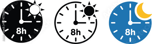 Eight hour time clock icon set with sun and moon symbols representing day night shifts and work duration cycles