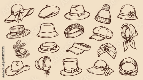 Collection of vintage and retro hats for women, hand-drawn sketch style, fashion accessories, diverse headwear designs on beige background