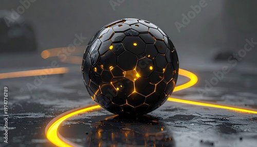 Futuristic Dark Sphere Emitting Bright Orange Energy and Light Trails.
