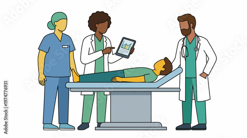 Medical team reviewing patient's health data on a tablet in a hospital examination room