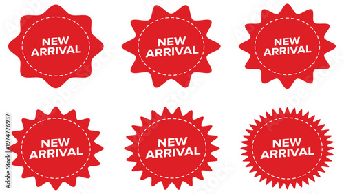 New arrival tags. Red starburst badges set. Vector