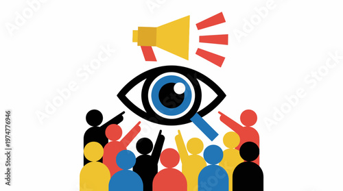Vigilant public attention and community scrutiny focused on impactful messages, illustrating the power of mass communication and collective societal awareness