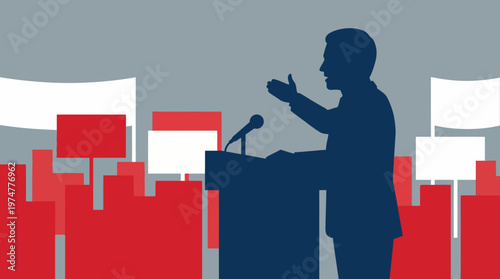 Silhouette of a politician or speaker at a podium, addressing a crowd with flags in the background