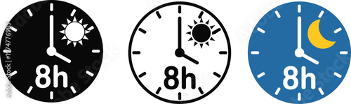 Eight hour time clock icon set with sun and moon symbols representing day night shifts and work duration cycles,