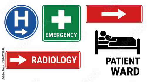 Vector collection of hospital medical signage directional, emergency, radiology, patient ward symbols for clear wayfinding and vital information