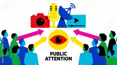Visualizing the dynamic interplay between public attention, information dissemination, and media influence, illustrating the flow of communication channels in modern society