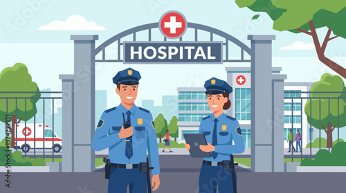 Professional Police Officers Guarding Hospital Entrance, Ensuring Security and Public Order at a Healthcare Facility, Modern Flat Vector Illustration of Law Enforcement