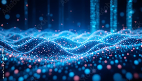 Futuristic Digital Data Stream Environment with Glowing Binary Particles and Cinematic Depth in Neon Blue