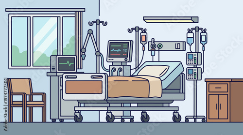 Flat vector hospital intensive care unit room. Empty bed, ventilator, medical monitors, and IV drips await patient care and critical recovery services