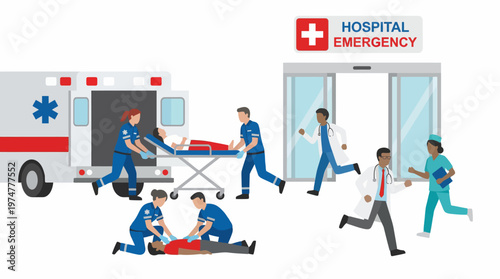 Medical emergency team responding to urgent patient care at a hospital entrance with ambulance