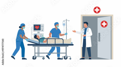 Healthcare professionals swiftly transport a patient on a gurney through a hospital corridor for urgent medical care, demonstrating dedicated teamwork in a critical environment