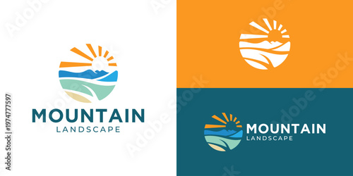 Creative simple mountain landscape logo template. Mountain hills peak summit valley symbol Landscape logo design vector illustration.