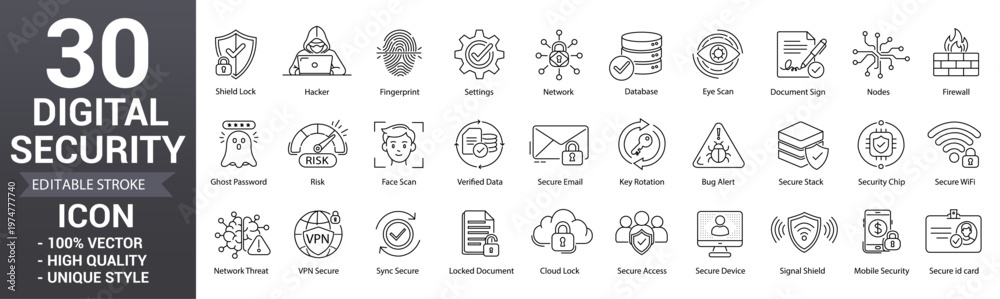Obraz premium Digital security line icons. Editable stroke icons featuring privacy, network safety, protection, cloud, fingerprint, firewall and more. Unique style vector illustration.