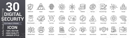 Digital security line icons. Editable stroke icons featuring privacy, network safety, protection, cloud, fingerprint, firewall and more. Unique style vector illustration.