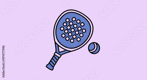 Padel Racket and Ball Illustration on Light Purple Background, Ready for Game, Sporting Equipment, Flat Vector Design