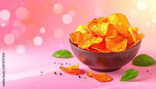 Crispy homemade vegetable chips served in a rustic bowl on a pink background with bokeh lights.