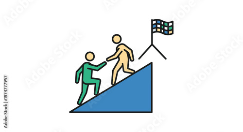 Two people demonstrating teamwork and support while climbing towards a flag, symbolizing achievement and shared goals, isolated white background