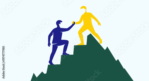 Two people collaboratively climbing a steep mountain, symbolizing teamwork, leadership, and mutual support towards success, in bright studio