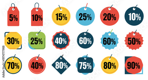 Collection of colorful price tags and discount percentage labels on an isolated white background