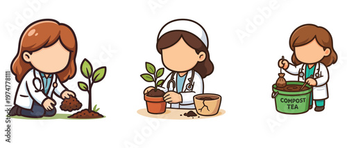 Female doctor planting and caring for plants cartoon