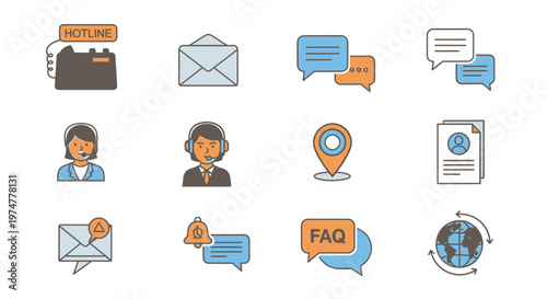 Set of customer service and communication support line icons on an isolated white background