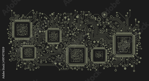 Intricate Futuristic Circuit Board Design with Glowing Microchips and Electronic Pathways on a Dark Background.