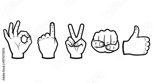 Set of human hands showing diverse gestures including OK, peace sign, and thumbs up, isolated white background