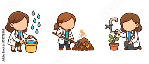 Doctor woman watering and composting plants flat 