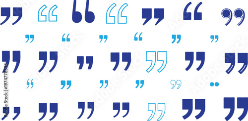 A professional collection of quotation mark icons featuring various typographic styles, including serif, sans-serif, rounded, and linear outlines on a clean white background.