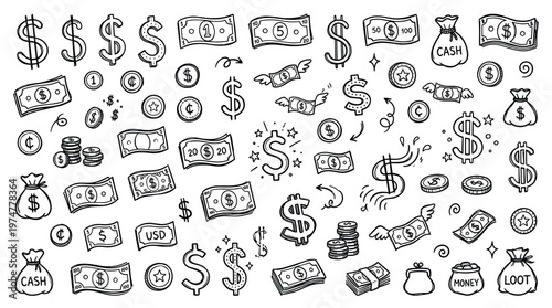 Doodle style collection of money symbols, banknotes coins and cash bags representing finance, economy, savings and wealth in a hand-drawn sketch aesthetic