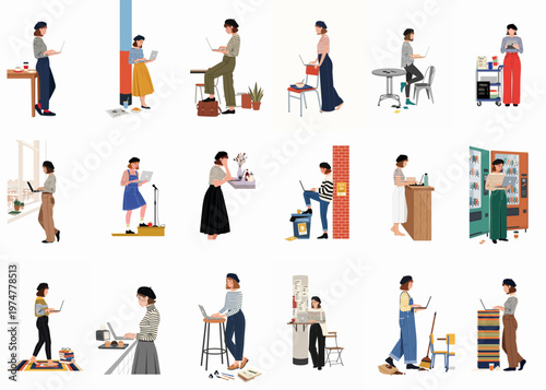 Flat illustration set of a young woman in a beret working on her laptop in various locations, representing digital nomad and freelancer life.