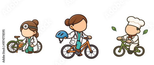Medical professionals and chef riding and repairing bicycles