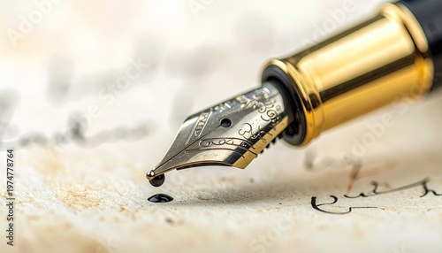 Elegant fountain pen poised to write on vintage textured paper with ink drop.