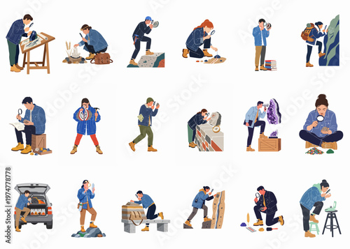 Vector illustrations of geologists and hobbyists examining stones, gems, and fossils with magnifying glasses, tools, and field equipment.