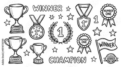 Collection of hand-drawn trophies medals and awards celebrating victory and achievement in competitions and sports