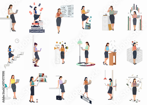 Vector illustration set of a professional businesswoman or accountant engaged in various office tasks and financial management activities.