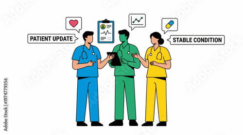 Healthcare professionals discussing patient updates and stable condition, conveying a sense of teamwork and medical communication