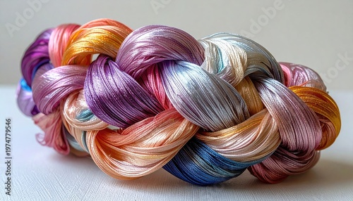 Close up of a vibrant braided strand of colorful silk threads.