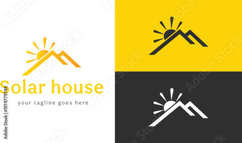 solar house logo, modern minimalist real estate logo, eco house logo, solar house vector design,  green energy home icon, graphic design 