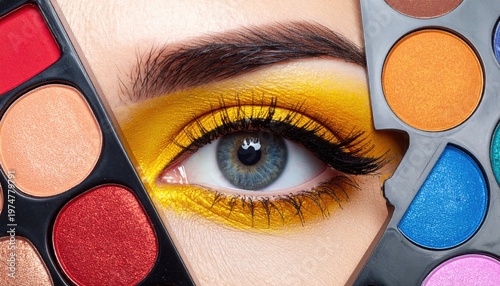 Close up of a womans eye with vibrant yellow eyeshadow and colorful makeup palettes.
