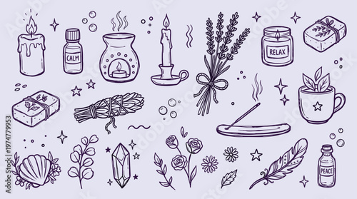 Hand drawn collection of wellness and self care items including candles incense soap crystals and herbs for relaxation and aromatherapy