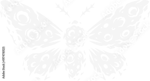 Abstract white butterfly illustration. Features a glowing, ethereal insect with intricate wing patterns. Minimalist vector graphic for spiritual, nature, or design projects.