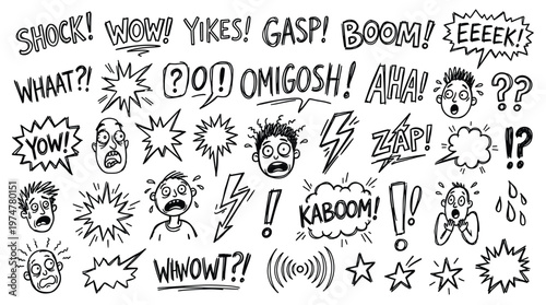 Collection of hand drawn comic book style sound effects and expressions of shock and surprise with speech bubbles and lightning bolts