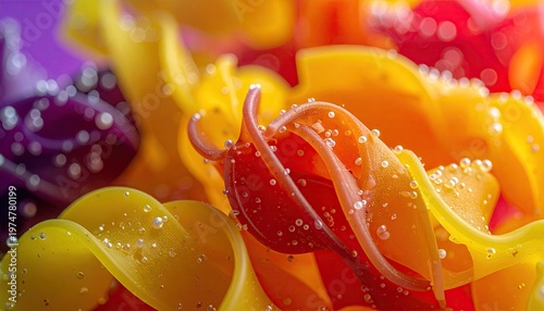 Abstract macro view of vibrant colorful pasta twists submerged in water with tiny bubbles.