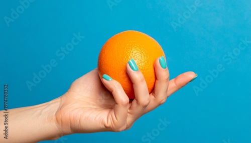 Hand Holding Orange Against Blue Background Showcasing Fresh Fruit, Bold Contrast, and Lifestyle Design Photography