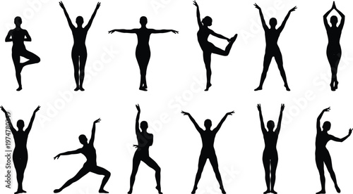Black silhouette of slim women performing yoga poses and ballet dance movements isolated on white background for fitness and wellness