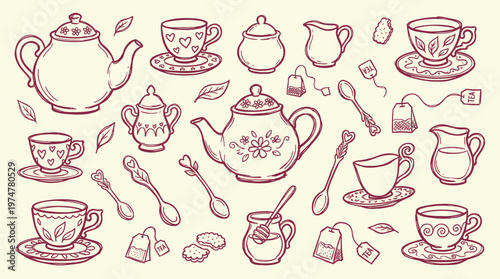 Charming Hand Drawn Tea Set Collection Featuring Teapots Cups Saucers Creamers And Spoons On A Light Background