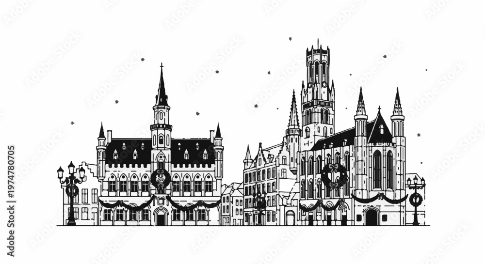 Fototapeta premium Black and white line art depicts ornate, historic European buildings adorned for a festive occasion